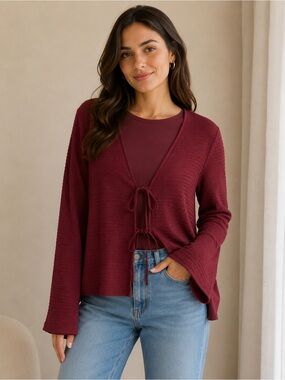 Womens Burgundy Tie-Front Knit Top